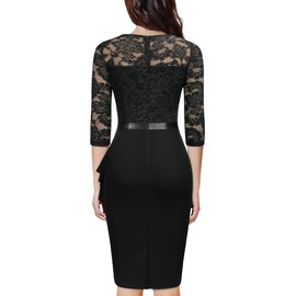 MIUSOL Women's Vintage Lace V-Neck 3/4 Sleeves Cocktail Party Formal Wedding Guest Work Bodycon Dress (X-Large, Black)