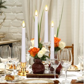 FPOO Flameless Taper Candles Flickering with Remote Timer, 4PCS Battery Operated Window Candles with Gold Candlesticks and Suction Cups, 8 Inch Warm White 3D Flame Candle for Home, Xmas Decor(White)