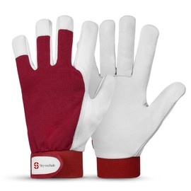 Gardening Gloves for Men & Women, Leather Palm & Breathable Spandex Back, Thorn-Proof Gardening Gloves, Multipurpose Safety Gloves for Mechanics, Warehouse, Driving, Digging, Landscaping (Red, M)