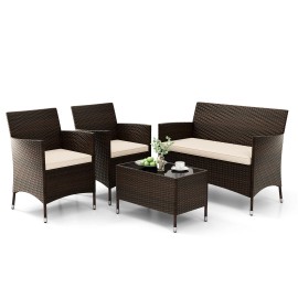 COSTWAY 4 Pieces Comfortable Outdoor Rattan Patio Garden Sofa Set w/ Glass Coffee Table