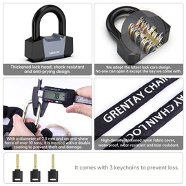 Grentay Combo Bike Chain Lock, 5.2 Feet Long 7.8mm Steel Chain Heavy Duty Anti-Theft Bicycle Lock Chain Lock with 3 Keys for Bike, Motorcycle, Scooter, Bicycle, Door, Gate