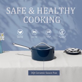 CookinCraze 3.5QT Nonstick Ceramic Sauce Pan with Lid 8" Soup Pot Even Heat Distribution, Non Toxic PFAS-Free Healthy Cooking Pot for All Stovetops (Induction/Gas/Electric) Oven Safe 500°F, Navy Blue