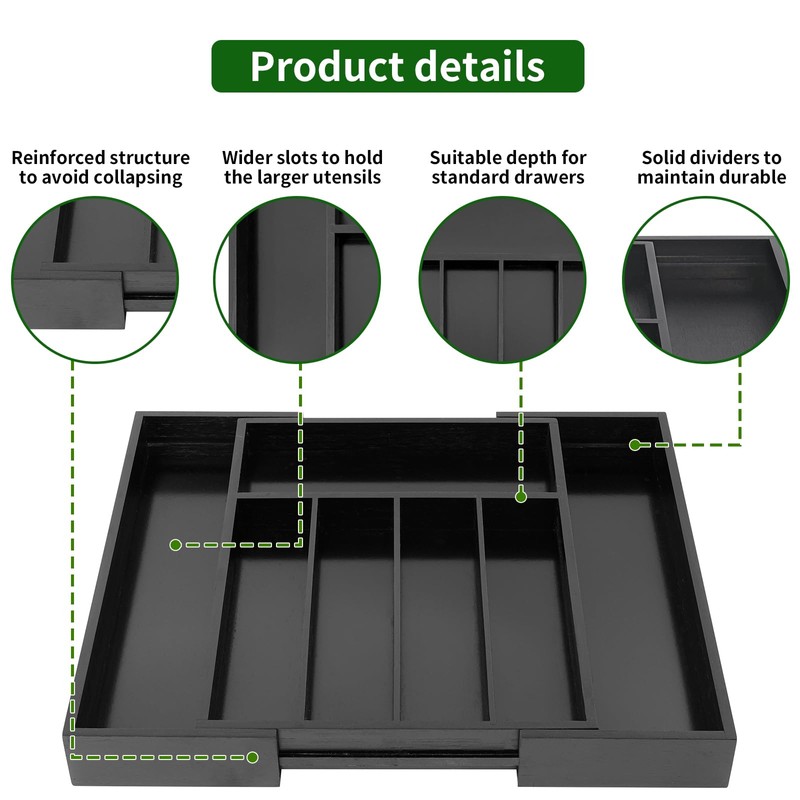 VaeFae Bamboo Silverware Organizer, Expandable Kitchen Drawer Organizer for Cutlery,