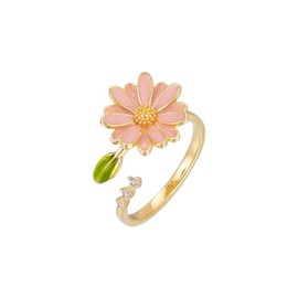 Kokoma Pink Daisy Flower Ring for Women Green Leaf Cubic Zirconia Wrap Finger Flower Open Statement Ring Promise Engagement Rings Fashion Jewelry