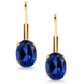 Gem Stone King 2.00 Cttw Blue Created Sapphire Yellow Gold Plated Leverback Earrings For Women | Gemstone September Birthstone | Oval 7X5MM