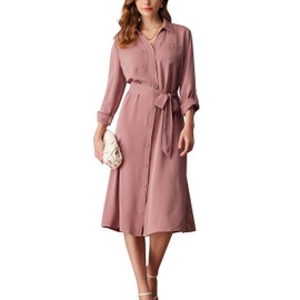 GRACE KARIN Women's Vintage Dress Elegant Midi Evening Dress 3/4 Sleeves Button Front Shirt Casual Dress Greyish Pink M