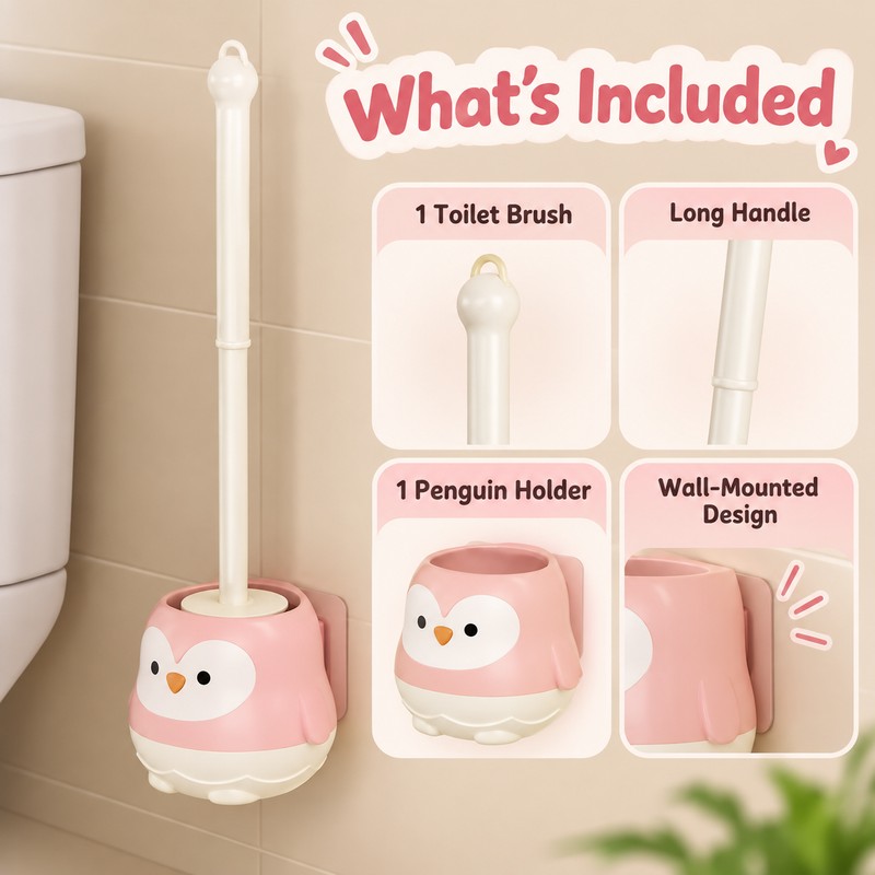 Penguin Toilet Brush Set for Bathroom Cleaning – Wall-Mounted Long