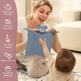 Momcozy Bear Loveys for Babies with Cotton - Soft Security Blanket for Boy or Girl for Self-Soothing On-The-Go-Portable & Anti-Drop Design - Newborn Gift，Must Have（Blue 14 inch）