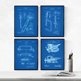 Nacnic BLUE - Pack of 4 sheets with patents TOOLS 2. Set posters with inventions and old patents. Choose the color you like. Printed on 250 grams