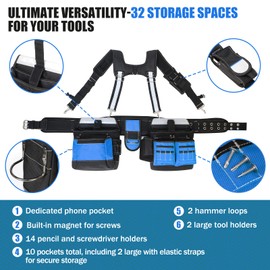 Heavy Duty Tool Belt with Harness and Suspenders – 32 Pockets and Pouches, 1680D Ballistic Material, Reflective Strips for Safety – Tool Belt Suspenders for Men, Electricians, and Carpenters, Blue