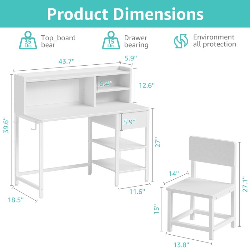 BOLUO White Kids Desk and Chair Set for 6-12 Year