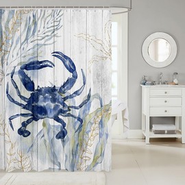 Crab Shower Curtain Ocean Life Bathroom Shower Curtain Sets Watercolor Marine Life Sea Wild Animals Fabric Shower Curtain 72"Wx84"L Blue Green Seaweed Botanical Seaside Wooden Grain Retro Bath Curtain