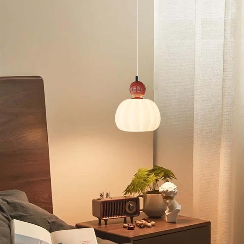 WOSBO Modern Pumpkin Small Pendant Light, Milk Glass Pendant Light