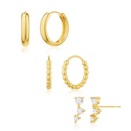 HABIKIP 3 Pairs Gold Hoop Earrings Stack Set for Multiple Piercings,14K Gold Plated Tiny Trendy Huggie&stud Ear ring Stackings for Women, Hypoallergenic Stackable Cartilage Non Tarnish Hoops Gifts,