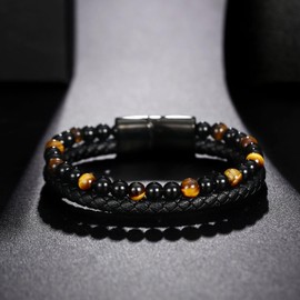 Adorashine Men's Braided Leather Bracelet, 8.3inch Black Braided Leather Stainless Steel Bracelets, Tiger Eye Natural Stone Lava Rock Beads Bracelets Gift for Men (Tiger eye beads, 8.2, Inches)