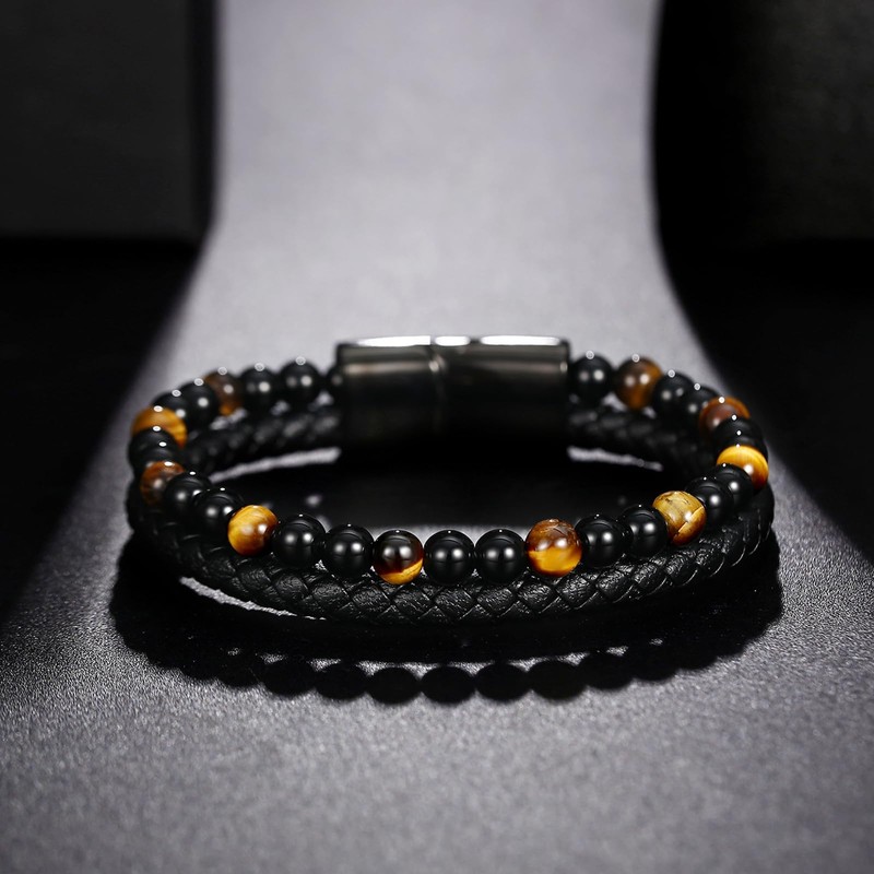 Adorashine Men's Braided Leather Bracelet, 8.3inch Black Braided Leather Stainless