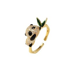 Cute Cartoon Panda Bamboo Open Band Ring For Women Gold Cubic Zirconia Statement Lovely Black Bear Green Leaf Finger Rings Sparkling Delicate Stacking Animal Adjustable Jewelry