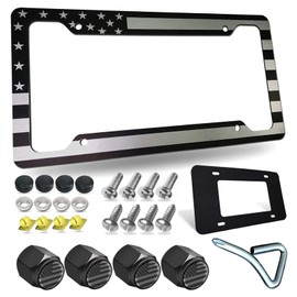 Tuersan American Flag License Plate Frame Patriotic USA Flag Car Tag Cover, Rust Rattle Proof Aluminum Holder with Mounting Hardware Kit,Stainless Steel Screws Bolts,Black Caps, Tire Valve Stem Caps