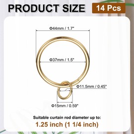 PATIKIL 14 Pcs Curtain Rings with Eyelets, 1.5" ID Glide Smoothly Metal Drapery Ring Fit Up to 1 1/4" Curtain Rod, Light Gold
