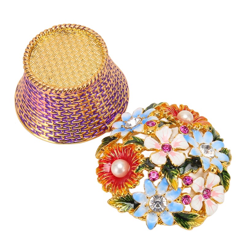 Flower Basket Jewelry Box Exquisite Vintage Hand Painted Metal Trinket
