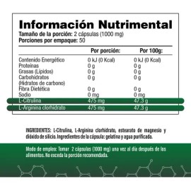 L-Citrulina con Arginina 475mg / 475mg por porción (2 cápsulas) 100 Cápsulas - S&V - Sin Gluten, Sin OMG