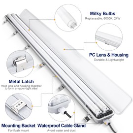 BRILLIHOOD 4Ft LED Vapor Tight Light Fixtures, 48W, 4200LM, 6000K Bright White, Clear Cover, IP65 Waterproof Vapor Proof Lights for Car Wash, Garage, Walk in Freezer, Indoor Outdoor Lighting, 4-Pack