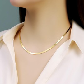 Sunnyshopday 2mm,45cm Women Necklace Flat Necklace Gold Silver 316L Stainless Steel 925 Sterling Silver (Gold, 4mm wide, 50cm long)