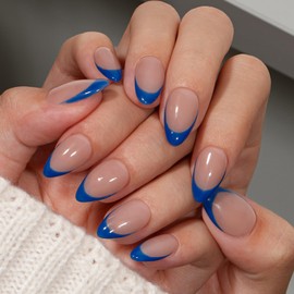 KQueenest Royal Blue French Tip Press On Nails Short Almond, 30 Pcs Acrylic Press On Nails With Glue, Natural Nude Short Fake Nails Press ons Navy Blue, Reusable Soft Gel Glue on Nails for Women