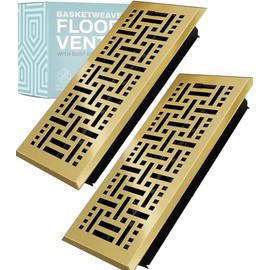 Home Intuition Basketweave Floor Vent Cover 4X12 Inch Floor Register with Mesh Cover Trap Heat and Air Walkable Metal Floor Vent for HVAC Duct, Polished Brass