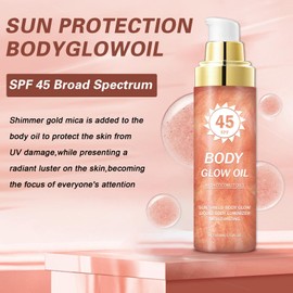 QIUFSSE Body Glow Oil,SPF 45 Broad Spectrum,Body Oil Shimmer Sunscreen with Rose Gold Mica,Lightweight Non-Sticky,Moisturizing Coconut,Absorbs Quickly,3.72 fl oz,ROSE