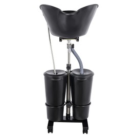 Portable Shampoo Bowl with 2 Buckets & Pump, 270° Angle & Basin Height Adjustable Hair Washing Sink, Freestanding Shampoo Basin for Home & Barbershop Stylists