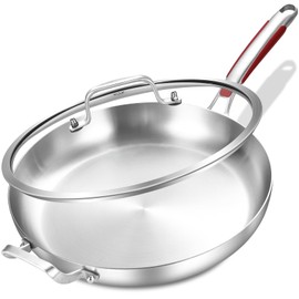 Inqibee 13-Inch Tri-Ply Stainless Steel Frying Pan with Lid and Helper Handle,Skillet,Induction Cooking Pan,Heavy Duty and Detachable Handle.