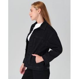 roswear Women’s Denim Jackets Oversized Button Long Sleeve Washed Jean Trucker Jacket with Pockets Black X-Large