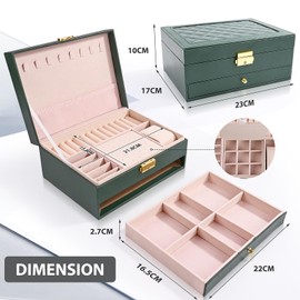 Jewellery Box, 2 Tier Jewellery Storage, Jewellery Box, Travel PU Leather, Jewellery Box for Women, Jewellery Boxes for Rings, Earrings, Necklaces and Watches (Green)
