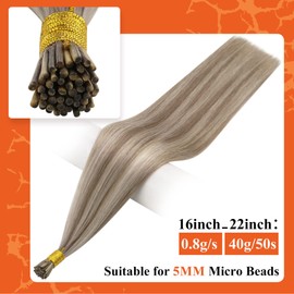 Full Shine I Tip Hair Extensions Real Human Hair Keratin Fusion Stick Hair Extensions 22 Inch Highlighted Ash Blonde Hair Extensions Color #8p60 Hair Extensions for Women 50 Strands