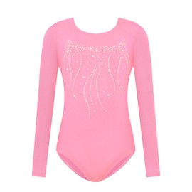 Nymphperi Girls Leotards for Gymnastics Size 7-8 Years Old Diamond Pink One Piece Long Sleeve Unitard