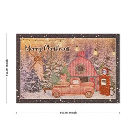 DecStic Christmas Gas Station Coir Mat Winter Farm Snow Tree Red Truck Doormat Christmas is Coming Funny Weather Resistant Non Slip Mat for Home Entrance Floor Door Porch 16x24in