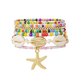 SLYAIH Shell Bracelet Boho Beaded Stretch Bracelets for Women Seashell Summer Beach Bracelets Starfish Charm Bracelets Stackable Gold Pearl Beads Bracelet for Women Jewelry Accessories Gifts