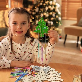 WEDNOK Pack of 6 3D Christmas Tree Wind Chime Craft Set Christmas Crafts Children Wooden Christmas Decoration Craft for Painting Creative Sets Wind Chimes for Girls Boys Christmas Winter