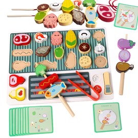 Bajoy 4 in 1 Wooden Puzzle, Montessori Toy, Educational Toy, Barbecue Shape, Stick Sticker, Clip Toy, 2, 3, 4, 5 Years Old, Fingertip Training, Early Development, Shape Recognition, Multi-functional