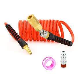 GASHER 1/4" x 10FT Reinforced Polyurethane Recoil Air Hose with Bend Restrictor, Air Hose kit With 360°Swivel Coupler, 1/4" Industrial Quick Coupler and Plug(Red)