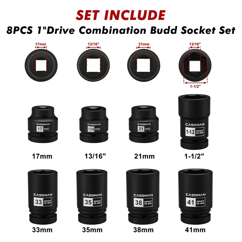 CASOMAN 8-Piece 1-Inch Drive Impact Socket Set, Metric & SAE,