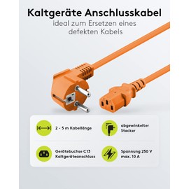 Goobay 95290 IEC Cable 5 m / C13 IEC Socket & 90 Degree Protective Contact Plug Angle Plug / Universal PC Monitor PC Power Cable C13 Power Cable / Orange / 5 m