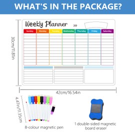 A3 Magnetic Weekly Planner, Meal Planner Week Wipe Clean, Whiteboard, Magnetic Board, Fridge Weekly Planner for Household Plan, Shopping List, Food and Fitness Planning with 8 Markers and Erasers