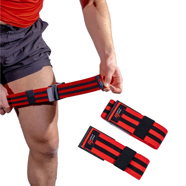 MuscleForge Bandas de restricción de flujo sanguíneo, 2 bandas de oclusión para piernas, bandas elásticas con cierres de hebilla para construcción muscular y bomba, puños BFR (rojo, negro)
