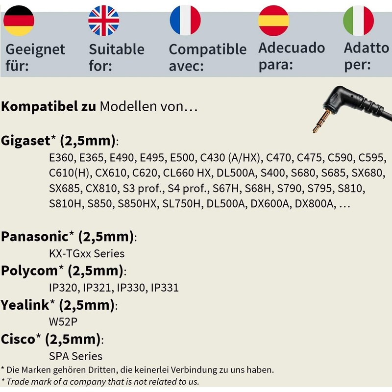 GEQUDIO 2.5 mm Jack Cable Single Compatible with Gigaset, Panasonic