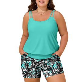 Summer Mae Blouson Plus Size Women's Tankini Swimsuits Tummy Control Modest 2025 Two Piece with Sporty Pockets Bathing Suits Black Background Floral 22 Plus