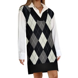 Zeagoo Womens V Neck Sleeveless Sweater Vest Dress Oversized Knit Side Slit Fall Winter Pullover Sweater Short Dress, Plaid Medium