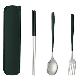 Travel Utensils with Case, Portable Lunch Box Utensils Set for 3 Reusable Cutlery Camping Travel Silverware Set with Case Green Flatware Set with Chposticks Spoon Fork Stainless Steel