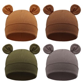 DRESHOW 4 Pieces Unisex Hat Boy Hat Spring Hat Toddler Reversible Jersey Slouch Beanie Clothing Unisex Infant Hat Nursery Hat, 4 pack bear ears: grey, khaki, coffee, dark green